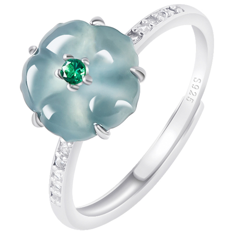 Women'S Fashion - Blue Burmese Jadeite Flower Rings 925